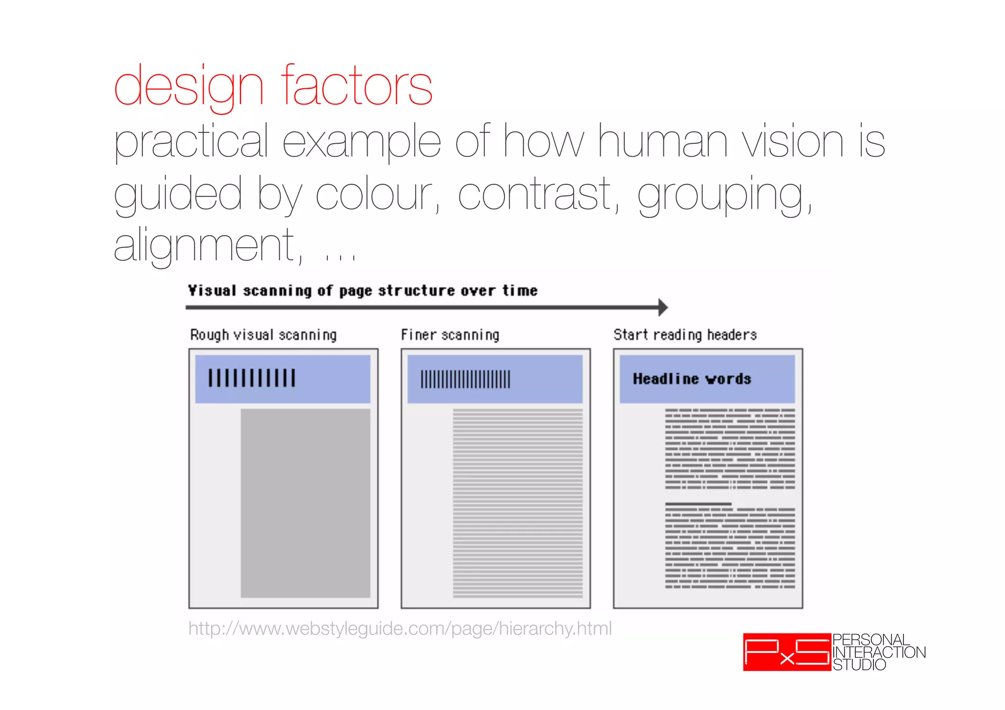 design factors!
practical example of how human vision is
guided by colour, contrast, grouping,
alignment, ...




   http://www.webstyleguide.com/page/hierarchy.html
 