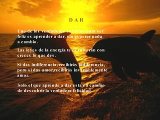 D A R Uno de los verdaderos secretos para ser feliz es aprender a dar, sin esperar nada a cambio. Las leyes de la energía te devolverán con creces lo que des. Si das indiferencia, recibirás indiferencia, pero si das amor,recibirás invariablemente amor. Solo el que aprende a dar esta en camino de descubrir la verdadera felicidad. 