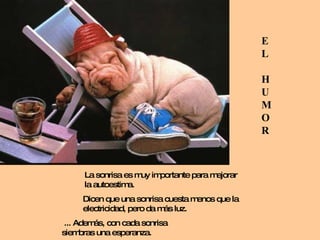 E L H U M O R La sonrisa es muy importante para mejorar la autoestima. Dicen que una sonrisa cuesta menos que la electricidad, pero da más luz. ... Además, con cada sonrisa  siembras una esperanza. 