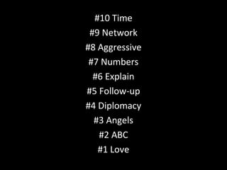 #10 Time
#9 Network
#8 Aggressive
#7 Numbers
#6 Explain
#5 Follow-up
#4 Diplomacy
#3 Angels
#2 ABC
#1 Love

 