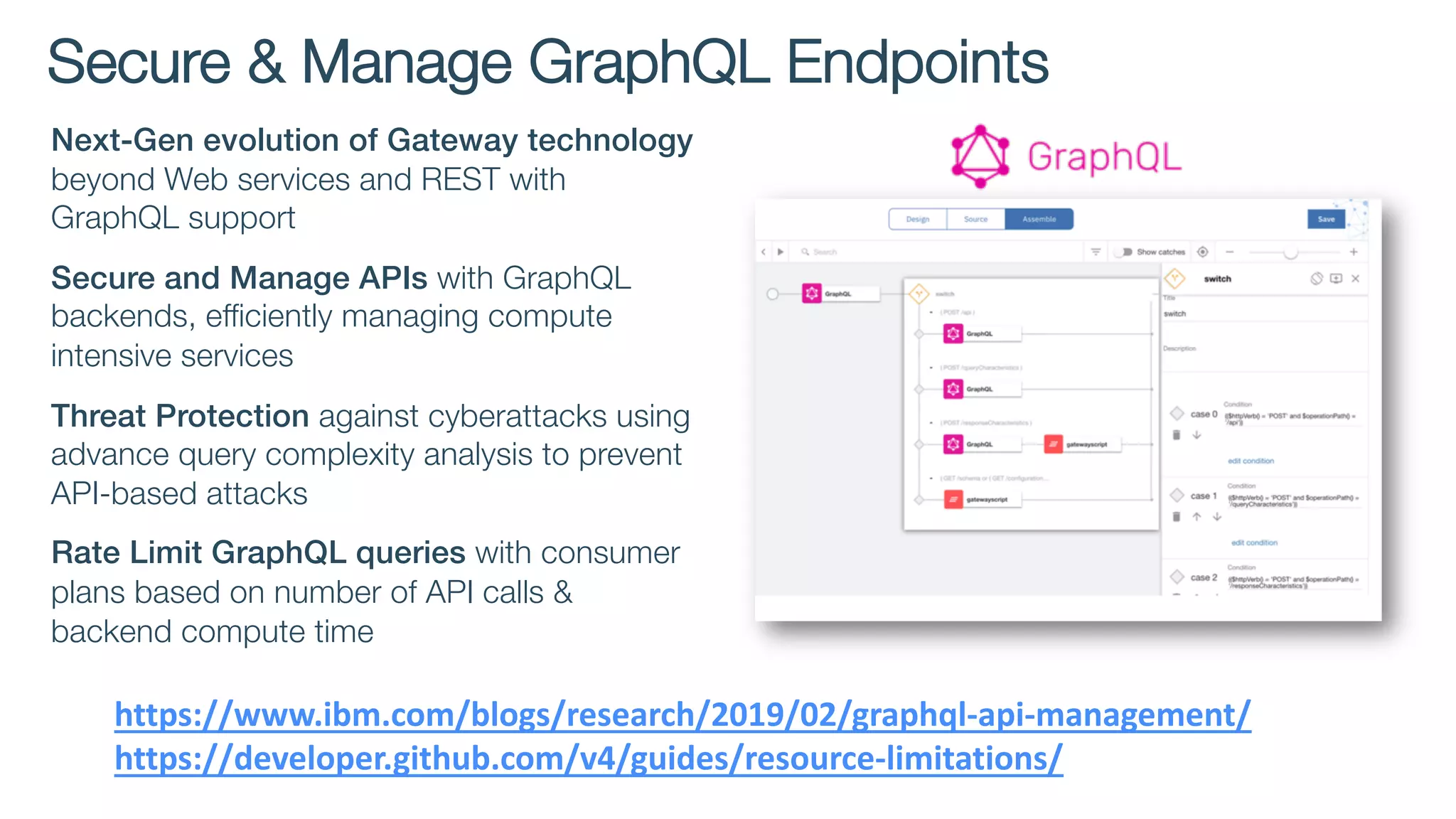Secure & Manage GraphQL Endpoints
Next-Gen evolution of Gateway technology
beyond Web services and REST with
GraphQL support
Secure and Manage APIs with GraphQL
backends, efficiently managing compute
intensive services
Threat Protection against cyberattacks using
advance query complexity analysis to prevent
API-based attacks
Rate Limit GraphQL queries with consumer
plans based on number of API calls &
backend compute time
https://www.ibm.com/blogs/research/2019/02/graphql-api-management/
https://developer.github.com/v4/guides/resource-limitations/
 