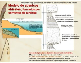 Modelo de abanicosModelo de abanicos
abisales,abisales, formados porformados por
corrientes de turbidezcorrientes de turbidez
Secuencia típica de un depósito de corriente turbiditica.
El espesor varía de menos de 1 m hasta 3 o 4 m.
No todas las unidades están siempre presentes. El patrón exacto de las
secuencias varía de los ambientes proximales a los distales.
Secuencias individuales pueden ser seguidas por muchos kilómetros.
Ambiente hoy y modelos para inferir estos ambientes en rocas
 