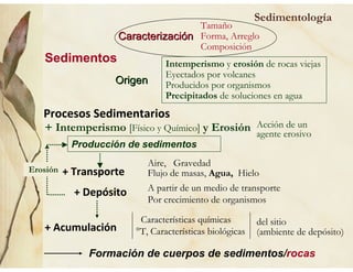 Sedimentología
Sedimentos
+ Transporte
CaracterizaciCaracterizacióónn
Tamaño
Forma, Arreglo
Composición
OrigenOrigen
Intemperismo y erosión de rocas viejas
Eyectados por volcanes
Producidos por organismos
Precipitados de soluciones en agua
Aire, Gravedad
Flujo de masas, Agua, Hielo
+ Depósito
Formación de cuerpos de sedimentos/rocas
A partir de un medio de transporte
Por crecimiento de organismos
+ Acumulación
Características químicas
°T, Características biológicas
del sitio
(ambiente de depósito)
Procesos Sedimentarios
+ Intemperismo [Físico y Químico] y Erosión Acción de un
agente erosivo
Producción de sedimentos
Erosión
 