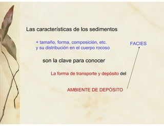 Las características de los sedimentos
+ tamaño, forma, composición, etc.
y su distribución en el cuerpo rocoso
son la clave para conocer
La forma de transporte y depósito del
AMBIENTE DE DEPÓSITO
FACIES
 