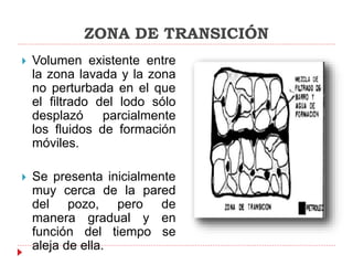 ZONA DE TRANSICIÓN
 Volumen existente entre
la zona lavada y la zona
no perturbada en el que
el filtrado del lodo sólo
desplazó parcialmente
los fluidos de formación
móviles.
 Se presenta inicialmente
muy cerca de la pared
del pozo, pero de
manera gradual y en
función del tiempo se
aleja de ella.
 