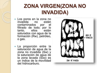 ZONA VIRGEN(ZONA NO
INVADIDA)
 Los poros en la zona no
invadida no están
contaminados por el
filtrado de lodo; por lo
tanto, ellos están
saturados con agua de la
formación (Rw), petróleo,
o gas.
 La proporción entre la
saturación de agua de la
zona no invadida (Sw) y
la saturación de agua de
la zona lavada (Sxo) es
un índice de la movilidad
del hidrocarburo.
 