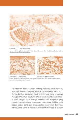 103Sejarah Indonesia
	
	 Peserta didik disajikan uraian tentang akulturasi seni bangunan,
seni rupa dan seni ukir yang terdapat pada halaman 130-131.
	 Bentuk-bentuk bangunan candi di Indonesia pada umumnya
merupakan bentuk akulturasi antara unsur-unsur budaya Hindu-
Buddha dengan unsur budaya Indonesia asli. Bangunan yang
megah, patung-patung perwujudan dewa atau Buddha, serta
bagian-bagian candi dan stupa adalah unsur-unsur dari India.
Bentuk candi-candi di Indonesia pada hakikatnya adalah punden
Sumber : Bambang Budi Utomo. 2010. Atlas Sejarah Indonesia Masa Klasik (Hindu-Buddha). Jakarta:
Kementerian Kebudayaan dan Pariwisata.
Gambar 2.14 KamadhatuGambar 2.13 Rupadhatu
Sumber : Bambang Budi Utomo. 2010. Atlas Sejarah Indonesia Masa Klasik (Hindu-Buddha). Jakarta:
Kementerian Kebudayaan dan Pariwisata.
Gambar 2.12 Candi Borobudur
 