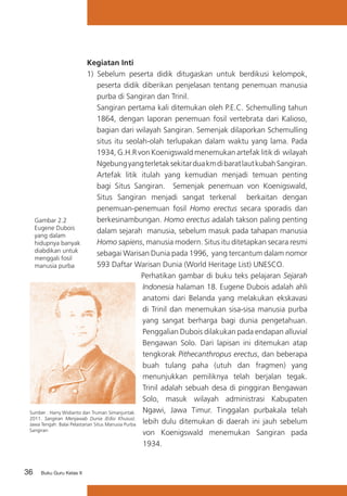 36 Buku Guru Kelas X
Kegiatan Inti
1) Sebelum peserta didik ditugaskan untuk berdikusi kelompok,
peserta didik diberikan penjelasan tentang penemuan manusia
purba di Sangiran dan Trinil.
	 Sangiran pertama kali ditemukan oleh P.E.C. Schemulling tahun
1864, dengan laporan penemuan fosil vertebrata dari Kalioso,
bagian dari wilayah Sangiran. Semenjak dilaporkan Schemulling
situs itu seolah-olah terlupakan dalam waktu yang lama. Pada
1934, G.H.R von Koenigswald menemukan artefak litik di wilayah
NgebungyangterletaksekitarduakmdibaratlautkubahSangiran.
Artefak litik itulah yang kemudian menjadi temuan penting
bagi Situs Sangiran. Semenjak penemuan von Koenigswald,
Situs Sangiran menjadi sangat terkenal berkaitan dengan
penemuan-penemuan fosil Homo erectus secara sporadis dan
berkesinambungan. Homo erectus adalah takson paling penting
dalam sejarah manusia, sebelum masuk pada tahapan manusia
Homo sapiens, manusia modern. Situs itu ditetapkan secara resmi
sebagai Warisan Dunia pada 1996, yang tercantum dalam nomor
593 Daftar Warisan Dunia (World Heritage List) UNESCO.	
Perhatikan gambar di buku teks pelajaran Sejarah
Indonesia halaman 18. Eugene Dubois adalah ahli
anatomi dari Belanda yang melakukan ekskavasi
di Trinil dan menemukan sisa-sisa manusia purba
yang sangat berharga bagi dunia pengetahuan.
Penggalian Dubois dilakukan pada endapan alluvial
Bengawan Solo. Dari lapisan ini ditemukan atap
tengkorak Pithecanthropus erectus, dan beberapa
buah tulang paha (utuh dan fragmen) yang
menunjukkan pemiliknya telah berjalan tegak.
Trinil adalah sebuah desa di pinggiran Bengawan
Solo, masuk wilayah administrasi Kabupaten
Ngawi, Jawa Timur. Tinggalan purbakala telah
lebih dulu ditemukan di daerah ini jauh sebelum
von Koenigswald menemukan Sangiran pada
1934.
Gambar 2.2
Eugene Dubois
yang dalam
hidupnya banyak
diabdikan untuk
menggali fosil
manusia purba
Sumber : Harry Widianto dan Truman Simanjuntak.
2011. Sangiran Menjawab Dunia (Edisi Khusus).
Jawa Tengah: Balai Pelastarian Situs Manusia Purba
Sangiran
 