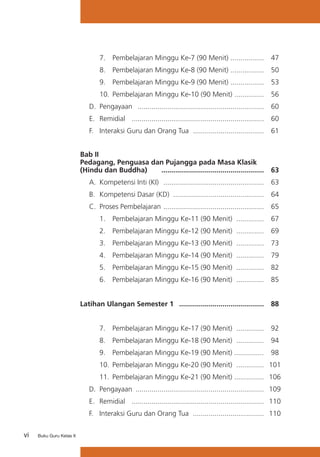 vi Buku Guru Kelas X
		 7. 	 Pembelajaran Minggu Ke-7 (90 Menit)	.................	 47
		 8. 	 Pembelajaran Minggu Ke-8 (90 Menit)	.................	 50
		 9. 	 Pembelajaran Minggu Ke-9 (90 Menit)	.................	 53
		 10. 	Pembelajaran Minggu Ke-10 (90 Menit)	...............	 56
	 D.	 Pengayaan	 ................................................................	 60
	 E.	 Remidial	 ...................................................................	 60
	 F.	 Interaksi Guru dan Orang Tua	 ....................................	 61
Bab II 			
Pedagang, Penguasa dan Pujangga pada Masa Klasik		
(Hindu dan Buddha)	 ....................................................	 63
	 A. 	Kompetensi Inti (KI)	 ...................................................	 63
	 B.	 Kompetensi Dasar (KD)	 ..............................................	 64
	 C.	 Proses Pembelajaran	...................................................	 65
		 1. 	 Pembelajaran Minggu Ke-11 (90 Menit)	 ..............	 67
		 2. 	 Pembelajaran Minggu Ke-12 (90 Menit)	 ..............	 69
		 3. 	 Pembelajaran Minggu Ke-13 (90 Menit)	 ..............	 73
		 4. 	 Pembelajaran Minggu Ke-14 (90 Menit)	 ..............	 79
		 5. 	 Pembelajaran Minggu Ke-15 (90 Menit)	 ..............	 82
		 6.	 Pembelajaran Minggu Ke-16 (90 Menit)	 ..............	 85
Latihan Ulangan Semester 1	 ...........................................	 88
		 7. 	 Pembelajaran Minggu Ke-17 (90 Menit)	 ..............	 92
		 8. 	 Pembelajaran Minggu Ke-18 (90 Menit)	 ..............	 94
		 9. 	 Pembelajaran Minggu Ke-19 (90 Menit) ...............		 98
		 10. 	Pembelajaran Minggu Ke-20 (90 Menit)	 ..............	 101
		 11. 	Pembelajaran Minggu Ke-21 (90 Menit) 	...............	 106
	 D.	 Pengayaan	 .................................................................	 109
	 E.	 Remidial	 ...................................................................	 110
	 F.	 Interaksi Guru dan Orang Tua	 ....................................	 110
 
