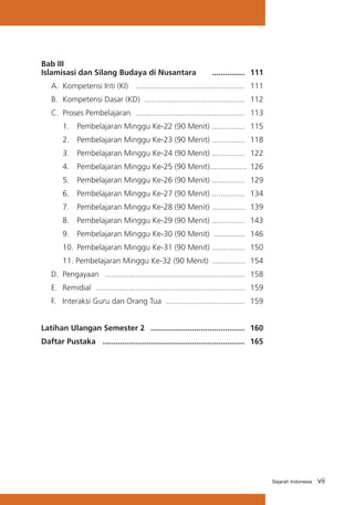 viiSejarah Indonesia
Bab III			
Islamisasi dan Silang Budaya di Nusantara	 ...............	 111
	 A. 	Kompetensi Inti (KI)	 ..................................................	 111
	 B.	 Kompetensi Dasar (KD) 	..............................................	 112
	 C.	 Proses Pembelajaran	 ..................................................	 113
		 1. 	 Pembelajaran Minggu Ke-22 (90 Menit)	...............	 115
		 2. 	 Pembelajaran Minggu Ke-23 (90 Menit)	...............	 118
		 3. 	 Pembelajaran Minggu Ke-24 (90 Menit)	...............	 122
		 4. 	 Pembelajaran Minggu Ke-25 (90 Menit)	.................	 126
		 5. 	 Pembelajaran Minggu Ke-26 (90 Menit)	...............	 129
		 6.	 Pembelajaran Minggu Ke-27 (90 Menit) ...	............	 134
		 7. 	 Pembelajaran Minggu Ke-28 (90 Menit)	...............	 139
		 8. 	 Pembelajaran Minggu Ke-29 (90 Menit)	...............	 143
		 9. 	 Pembelajaran Minggu Ke-30 (90 Menit) ..........	....	 146
		 10. 	Pembelajaran Minggu Ke-31 (90 Menit) 	...............	 150
		 11. Pembelajaran Minggu Ke-32 (90 Menit) ...............	 154
	 D.	 Pengayaan	 ................................................................	 158
	 E.	 Remidial	 ....................................................................	 159
	 F.	 Interaksi Guru dan Orang Tua	 ....................................	 159
Latihan Ulangan Semester 2	 ...........................................	 160
Daftar Pustaka	 .................................................................	 165
 