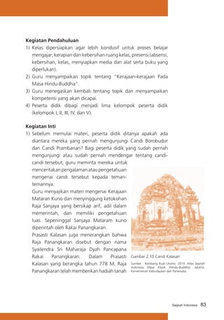 Kegiatan Pendahuluan
1)	 Kelas dipersiapkan agar lebih kondusif untuk proses belajar
mengajar; kerapian dan kebersihan ruang kelas, presensi (absensi,
kebersihan, kelas, menyiapkan media dan alat serta buku yang
diperlukan).
2) 	Guru menyampaikan topik tentang “Kerajaan-kerajaan Pada
Masa Hindu-Buddha”.
3) 	Guru menegaskan kembali tentang topik dan menyampaikan
kompetensi yang akan dicapai.
4) 	Peserta didik dibagi menjadi lima kelompok peserta didik
(kelompok I, II, III, IV, dan V).
Kegiatan Inti
1) 	Sebelum memulai materi, peserta didik ditanya apakah ada
diantara mereka yang pernah mengunjungi Candi Borobudur
dan Candi Prambanan? Bagi peserta didik yang sudah pernah
mengunjungi atau sudah pernah mendengar tentang candicandi tersebut, guru meminta mereka untuk
menceritakan pengalaman atau pengetahuan
mengenai candi tersebut kepada temantemannya. 	
Guru menyajikan materi mengenai Kerajaan
Mataran Kuno dan menyinggung ketokohan
Raja Sanjaya yang bersikap arif, adil dalam
memerintah, dan memiliki pengetahuan
luas. Sepeninggal Sanjaya Mataram kuno
diperintah oleh Rakai Panangkaran.
	 Prasasti Kalasan juga menerangkan bahwa
Raja Panangkaran disebut dengan nama
Syailendra Sri Maharaja Dyah Pancapana
Rakai
Panangkaran.
Dalam
Prasasti Gambar 2.10 Candi Kalasan
Kalasan yang berangka tahun 778 M, Raja Sumber : Bambang Budi Utomo. 2010. Atlas Sejarah
Indonesia Masa Klasik (Hindu-Buddha). Jakarta:
Panangkaran telah memberikan hadiah tanah Kementerian Kebudayaan dan Pariwisata.

Sejarah Indonesia

83

 