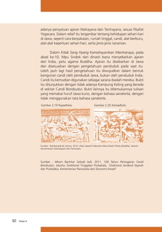 adanya penyatuan ajaran Mahayana dan Tantrayana, sesuai filsafat
Yogacara. Dalam relief itu tergambar tentang kehidupan sehari-hari
di Jawa, seperti cara berpakaian, rumah tinggal, candi, alat berburu,
alat-alat keperluan sehari-hari, serta jenis-jenis tanaman.
	
Dalam Kitab Sang Hyang Kamahayanikan Mantranaya, pada
abad ke-10, Mpu Sindok dari dinasti Isana menyebarkan ajaran
dari India, yaitu agama Buddha. Ajaran itu disebarkan di Jawa
dan disesuaikan dengan pengetahuan penduduk pada saat itu.
Lebih jauh lagi hasil pengetahuan itu diwujudkan dalam bentuk
bangunan candi oleh penduduk Jawa, bukan oleh penduduk India.
Candi itu kemudian digunakan sebagai sarana ibadah mereka. Bukti
itu ditunjukkan dengan tidak adanya Kampung Keling yang berada
di sekitar Candi Borobudur. Bukti lainnya itu ditemukannya tulisan
yang memakai huruf Jawa kuno, dengan bahasa sanskerta, dengan
tidak menggunakan tata bahasa sanskerta.
Gambar 2.19 Rupadhatu

Gambar 2.20 Kamadhatu

Sumber : Bambang Budi Utomo. 2010. Atlas Sejarah Indonesia Masa Klasik (Hindu-Buddha). Jakarta:
Kementerian Kebudayaan dan Pariwisata.

Sumber : Idham Bachtiar Setiadi (ed). 2011. 100 Tahun Pemugaran Candi
Borobudur. Jakarta, Direktorat Tinggalan Purbakala, Direktorat Jenderal Sejarah
dan Purbalaka, Kementerian Pariwisata dan Ekonomi Kreatif

92

Kelas X

 
