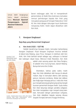 Untuk lebih lengkapnya
kamu dapat membaca
buku Marwati Djoened
Poesponegoro. Sejarah
Nasional Indonesia
Jilid II.

7.	

berani melanggar adat. Hal ini memperlemah
pemerintahan di Kediri.Para brahmana kemudian
mencari perlindungan kepada Ken Arok yang
merupakan penguasa di Tumapel. Pada tahun 1222
M, Ken Arok dengan dukungan kaum brahmana
menyerang Kediri. Kediri dapat dikalahkan oleh
Ken Arok.

Kerajaan Singhasari	

Raja-Raja yang Memerintah Singhasari

Gambar 2.24
Patung Ken Arok
dan Ken Dedes

a.	 Ken Arok (1222 – 1227 M)
	
Setelah berakhirnya Kerajaan Kediri, kemudian berkembang
Kerajaan Singhasari. Pusat Kerajaan Singhasari kira-kira terletak
di dekat kota Malang, Jawa Timur. Kerajaan ini didirikan oleh Ken
Arok. Ken Arok berhasil tampil sebagai raja, walaupun ia berasal
dari kalangan rakyat biasa. Menurut kitab Pararaton, Ken Arok
adalah anak seorang petani dari Desa Pangkur,
di sebelah timur Gunung Kawi, daerah Malang.
Ibunya bernama Ken Endok.

Sumber : Bambang Budi Utomo. 2010. Atlas Sejarah
Indonesia Masa Klasik (Hindu-Buddha). Jakarta:
Kementerian Kebudayaan dan Pariwisata.

108

Kelas X

	
Diceritakan, bahwa pada waktu masih
bayi, Ken Arok diletakkan oleh ibunya di sebuah
makam. Bayi ini kemudian ditemu oleh seorang
pencuri, bernama Lembong. Akibat dari didikan
dan lingkungan keluarga pencuri, maka Ken Arok
pun menjadi seorang penjahat yang sering menjadi
buronan pemerintah Kerajaan Kediri. Suatu ketika
Ken Arok berjumpa dengan pendeta Lohgawe.
Ken Arok mengatakan ingin menjadi orang baikbaik. Kemudian dengan perantaraan Lohgawe,
Ken Arok diabdikan kepada seorang Akuwu
(bupati) Tumapel, bernama Tunggul Ametung.

 