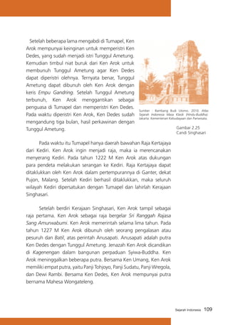 Setelah beberapa lama mengabdi di Tumapel, Ken
Arok mempunyai keinginan untuk memperistri Ken
Dedes, yang sudah menjadi istri Tunggul Ametung.
Kemudian timbul niat buruk dari Ken Arok untuk
membunuh Tunggul Ametung agar Ken Dedes
dapat diperistri olehnya. Ternyata benar, Tunggul
Ametung dapat dibunuh oleh Ken Arok dengan
keris Empu Gandring. Setelah Tunggul Ametung
terbunuh, Ken Arok menggantikan sebagai
penguasa di Tumapel dan memperistri Ken Dedes.
Pada waktu diperistri Ken Arok, Ken Dedes sudah
mengandung tiga bulan, hasil perkawinan dengan
Tunggul Ametung.

Sumber : Bambang Budi Utomo. 2010. Atlas
Sejarah Indonesia Masa Klasik (Hindu-Buddha).
Jakarta: Kementerian Kebudayaan dan Pariwisata.

Gambar 2.25
Candi Singhasari

	
Pada waktu itu Tumapel hanya daerah bawahan Raja Kertajaya
dari Kediri. Ken Arok ingin menjadi raja, maka ia merencanakan
menyerang Kediri. Pada tahun 1222 M Ken Arok atas dukungan
para pendeta melakukan serangan ke Kediri. Raja Kertajaya dapat
ditaklukkan oleh Ken Arok dalam pertempurannya di Ganter, dekat
Pujon, Malang. Setelah Kediri berhasil ditaklukkan, maka seluruh
wilayah Kediri dipersatukan dengan Tumapel dan lahirlah Kerajaan
Singhasari.
	
Setelah berdiri Kerajaan Singhasari, Ken Arok tampil sebagai
raja pertama. Ken Arok sebagai raja bergelar Sri Ranggah Rajasa
Sang Amurwabumi. Ken Arok memerintah selama lima tahun. Pada
tahun 1227 M Ken Arok dibunuh oleh seorang pengalasan atau
pesuruh dan Batil, atas perintah Anusapati. Anusapati adalah putra
Ken Dedes dengan Tunggul Ametung. Jenazah Ken Arok dicandikan
di Kagenengan dalam bangunan perpaduan Syiwa-Buddha. Ken
Arok meninggalkan beberapa putra. Bersama Ken Umang, Ken Arok
memiliki empat putra, yaitu Panji Tohjoyo, Panji Sudatu, Panji Wregola,
dan Dewi Rambi. Bersama Ken Dedes, Ken Arok mempunyai putra
bernama Mahesa Wongateleng.

Sejarah Indonesia

109

 