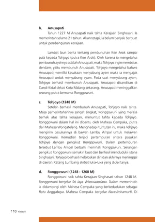 b.	 Anusapati
	
Tahun 1227 M Anusapati naik tahta Kerajaan Singhasari. Ia
memerintah selama 21 tahun. Akan tetapi, ia belum banyak berbuat
untuk pembangunan kerajaan.
	
Lambat laun berita tentang pembunuhan Ken Arok sampai
pula kepada Tohjoyo (putra Ken Arok). Oleh karena ia mengetahui
pembunuh ayahnya adalah Anusapati, maka Tohjoyo ingin membalas
dendam, yaitu membunuh Anusapati. Tohjoyo mengetahui bahwa
Anusapati memiliki kesukaan menyabung ayam maka ia mengajak
Anusapati untuk menyabung ayam. Pada saat menyabung ayam,
Tohjoyo berhasil membunuh Anusapati. Anusapati dicandikan di
Candi Kidal dekat Kota Malang sekarang. Anusapati meninggalkan
seorang putra bernama Ronggowuni.
c.	
Tohjoyo (1248 M)
	
Setelah berhasil membunuh Anusapati, Tohjoyo naik tahta.
Masa pemerintahannya sangat singkat, Ronggowuni yang merasa
berhak atas tahta kerajaan, menuntut tahta kepada Tohjoyo.
Ronggowuni dalam hal ini dibantu oleh Mahesa Cempaka, putra
dari Mahesa Wongateleng. Menghadapi tuntutan ini, maka Tohjoyo
mengirim pasukannya di bawah Lembu Ampal untuk melawan
Ronggowuni. Kemudian terjadi pertempuran antara pasukan
Tohjoyo dengan pengikut Ronggowuni. Dalam pertempuran
tersebut Lembu Ampal berbalik memihak Ronggowuni. Serangan
pengikut Ronggowuni semakin kuat dan berhasil menduduki istana
Singhasari. Tohjoyo berhasil meloloskan diri dan akhirnya meninggal
di daerah Katang Lumbang akibat luka-luka yang dideritanya.
d.	 Ronggowuni (1248 - 1268 M)
	
Ronggowuni naik tahta Kerajaan Singhasari tahun 1248 M.
Ronggowuni bergelar Sri Jaya Wisnuwardana. Dalam memerintah
ia didampingi oleh Mahesa Cempaka yang berkedudukan sebagai
Ratu Anggabaya. Mahesa Cempaka bergelar Narasimhamurti. Di

110

Kelas X

 
