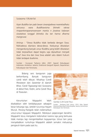 Sutasoma 139,4d-5d
Hyan Buddha tan pabi lawan siwarajadewa rwanekadhatu
winuwus
wara
Buddhawisma
bhineki
rakwa
rinapankenapanarwanosen manka n jiwatwa kalawan
siwatatwa tunggal bhineka ika tan hanna dharma
mangruwa
Artinya : “Dewa Buddha tidak berbeda dengan Siwa.
Mahadewa diantara dewa-dewa. Keduanya dikatakan
mengandung banyak unsur Buddha yang boleh dikatakan
tidak terpisahkan dapat begitu saja dipisahkan menjadi
dua? Jiwa Jina dan Jiwa Siwa adalah satu dalam hukum
tidak terdapat dualisme.
Sumber : Gunawan Tjahjono (dkk). 2007. Sejarah Kebudayaan
Indonesia: Arsitektur. Jakarta. Direktorat Geografi Sejarah, Departemen
Kebudayaan dan Pariwisata.

	
Bidang seni bangunan juga
berkembang.
Banyak
bangunan
candi telah dibuat. Misalnya Candi
Penataran dan Sawentar di daerah
Blitar, Candi Tigawangi dan Surawana
di dekat Pare, Kediri, serta Candi Tikus
di Trowulan.

	
Keruntuhan
Majapahit
lebih
Gambar 2.29 Candi Tikus
disebabkan oleh ketidakpuasan sebagian Sumber : Bambang Budi Utomo. 2010. Atlas Sejarah
besar keluarga raja, setelah turunnya Hayam Indonesia Masa Klasik (Hindu-Buddha). Jakarta: Kementerian
Kebudayaan dan Pariwisata.
Wuruk. Perang Paregrek telah melemahkan
unsur-unsur kejayaan Majapahit. Meskipun peperangan berakhir,
Majapahit terus mengalami kelemahan karena raja yang berkuasa
tidak mampu lagi mengembalikan kejayaannya. Unsur lain yang
menyebabkan runtuhnya Majapahit adalah semakin meluasnya
pengaruh Islam pada saat itu.
Sejarah Indonesia

121

 