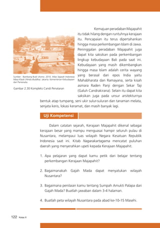 Kemajuan peradaban Majapahit
itu tidak hilang dengan runtuhnya kerajaan
itu. Pencapaian itu terus dipertahankan
hingga masa perkembangan Islam di Jawa.
Peninggalan peradaban Majapahit juga
dapat kita saksikan pada perkembangan
lingkup kebudayaan Bali pada saat ini.
Kebudayaan yang masih dikembangkan
hingga masa Islam adalah cerita wayang
yang berasal dari epos India yaitu
Sumber : Bambang Budi Utomo. 2010. Atlas Sejarah Indonesia
Masa Klasik (Hindu-Buddha). Jakarta: Kementerian Kebudayaan
Mahabharata dan Ramayana, serta kisah
dan Pariwisata.
asmara Raden Panji dengan Sekar Taji
Gambar 2.30 Kompleks Candi Penataran
(Galuh Candrakirana). Selain itu dapat kita
saksikan juga pada unsur arsitekturnya
bentuk atap tumpang, seni ukir sulur-suluran dan tanaman melata,
senjata keris, lokasi keramat, dan masih banyak lagi.

Uji Kompetensi
	
Dalam catatan sejarah, Kerajaan Majapahit dikenal sebagai
kerajaan besar yang mampu menguasai hampir seluruh pulau di
Nusantara, melampaui luas wilayah Negara Kesatuan Republik
Indonesia saat ini. Kitab Nagarakartagama mencatat puluhan
daerah yang menyerahkan upeti kepada Kerajaan Majapahit.
1.	 Apa pelajaran yang dapat kamu petik dari belajar tentang
perkembangan Kerajaan Majapahit?
2.	 Bagaimanakah
Nusantara?

Gajah

Mada

dapat

menyatukan

wilayah

3.	 Bagaimana penilaian kamu tentang Sumpah Amukti Palapa dari
Gajah Mada? Buatlah jawaban dalam 3-4 halaman.
4.	 Buatlah peta wilayah Nusantara pada abad ke-10-15 Masehi.

122

Kelas X

 