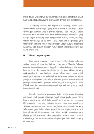 India, tetapi wayangnya asli dari Indonesia. Seni pahat dan ragam
luas yang ada pada wayang disesuaikan dengan seni di Indonesia.
	
Di samping bentuk dan ragam hias wayang, muncul pula
tokoh-tokoh pewayangan yang khas Indonesia. Misalnya tokohtokoh punakawan seperti Semar, Gareng, dan Petruk. Tokohtokoh ini tidak ditemukan di India. Perkembangan seni sastra yang
sangat cepat didukung oleh penggunaan huruf pallawa, misalnya
dalam karya-karya sastra Jawa Kuno. Pada prasasti-prasasti yang
ditemukan terdapat unsur India dengan unsur budaya Indonesia.
Misalnya, ada prasasti dengan huruf Nagari (India) dan huruf Bali
Kuno (Indonesia).

4.	

Sistem Kepercayaan

	
Sejak masa praaksara, orang-orang di Kepulauan Indonesia
sudah mengenal simbol-simbol yang bermakna filosofis. Sebagai
contoh, kalau ada orang meninggal, di dalam kuburnya disertakan
benda-benda. Di antara benda-benda itu ada lukisan seorang
naik perahu, ini memberikan makna bahwa orang yang sudah
meninggal rohnya akan melanjutkan perjalanan ke tempat tujuan
yang membahagiakan yaitu alam baka. Masyarakat waktu itu sudah
percaya adanya kehidupan sesudah mati, yakni sebagai roh halus.
Oleh karena itu, roh nenek moyang dipuja oleh orang yang masih
hidup (animisme).
	
Setelah masuknya pengaruh India kepercayaan terhadap
roh halus tidak punah. Misalnya dapat dilihat pada fungsi candi.
Fungsi candi atau kuil di India adalah sebagai tempat pemujaan.
Di Indonesia, disamping sebagai tempat pemujaan, candi juga
sebagai makam raja atau untuk menyimpan abu jenazah raja yang
telah meninggal. Itulah sebabnya peripih tempat penyimpanan abu
jenazah raja didirikan patung raja dalam bentuk mirip dewa yang
dipujanya. Ini jelas merupakan perpaduan antara fungsi candi di
India dengan tradisi pemakaman dan pemujaan roh nenek moyang
di Indonesia.
132

Kelas X

 