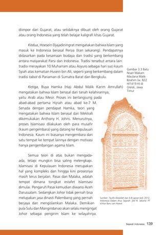 diimpor dari Gujarat, atau setidaknya dibuat oleh orang Gujarat
atau orang Indonesia yang telah belajar kaligrafi khas Gujarat.
	
Kedua, Hoesein Djajadiningrat mengatakan bahwa Islam yang
masuk ke Indonesia berasal Persia (Iran sekarang). Pendapatnya
didasarkan pada kesamaan budaya dan tradisi yang berkembang
antara masyarakat Parsi dan Indonesia. Tradisi tersebut antara lain:
tradisi merayakan 10 Muharram atau Asyuro sebagai hari suci kaum
Syiah atas kematian Husein bin Ali, seperti yang berkembang dalam
tradisi tabot di Pariaman di Sumatra Barat dan Bengkulu.
	
Ketiga, Buya Hamka (Haji Abdul Malik Karim Amrullah)
mengatakan bahwa Islam berasal dari tanah kelahirannya,
yaitu Arab atau Mesir. Proses ini berlangsung pada
abad-abad pertama Hijriah atau abad ke-7 M.
Senada dengan pendapat Hamka, teori yang
mengatakan bahwa Islam berasal dari Mekkah
dikemukakan Anthony H. Johns. Menurutnya,
proses Islamisasi dilakukan oleh para musafir
(kaum pengembara) yang datang ke Kepulauan
Indonesia. Kaum ini biasanya mengembara dari
satu tempat ke tempat lainnya dengan motivasi
hanya pengembangan agama Islam.
	
Semua teori di atas bukan mengadaada, tetapi mungkin bisa saling melengkapi.
Islamisasi di Kepulauan Indonesia merupakan
hal yang kompleks dan hingga kini prosesnya
masih terus berjalan. Pasai dan Malaka, adalah
tempat dimana tongkat estafet Islamisasi
dimulai. Pengaruh Pasai kemudian diwarisi Aceh
Darussalam. Sedangkan Johor tidak pernah bisa
melupakan jasa dinasti Palembang yang pernah
berjaya dan mengislamkan Malaka. Demikian
pula Sulu dan Mangindanao akan selalu mengingat
Johor sebagai pengirim Islam ke wilayahnya.

Gambar 3.3 Batu
Nisan Makam
Maulana Malik
Ibrahim (w. 822
H/1419 H) di
Gresik, Jawa
Timur

Sumber : Taufik Abdullah dan A.B Lapian (ed). 2012.
Indonesia Dalam Arus Sejarah. jilid III. Jakarta: PT
Ichtiar Baru van Hoeve

Sejarah Indonesia

139

 