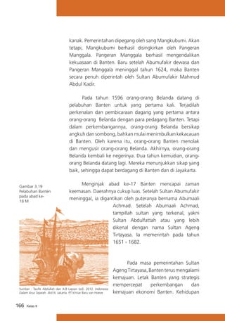 kanak. Pemerintahan dipegang oleh sang Mangkubumi. Akan
tetapi, Mangkubumi berhasil disingkirkan oleh Pangeran
Manggala. Pangeran Manggala berhasil mengendalikan
kekuasaan di Banten. Baru setelah Abumufakir dewasa dan
Pangeran Manggala meninggal tahun 1624, maka Banten
secara penuh diperintah oleh Sultan Abumufakir Mahmud
Abdul Kadir.
Pada tahun 1596 orang-orang Belanda datang di
pelabuhan Banten untuk yang pertama kali. Terjadilah
perkenalan dan pembicaraan dagang yang pertama antara
orang-orang Belanda dengan para pedagang Banten. Tetapi
dalam perkembangannya, orang-orang Belanda bersikap
angkuh dan sombong, bahkan mulai menimbulkan kekacauan
di Banten. Oleh karena itu, orang-orang Banten menolak
dan mengusir orang-orang Belanda. Akhirnya, orang-orang
Belanda kembali ke negerinya. Dua tahun kemudian, orangorang Belanda datang lagi. Mereka menunjukkan sikap yang
baik, sehingga dapat berdagang di Banten dan di Jayakarta.
Gambar 3.19
Pelabuhan Banten
pada abad ke16 M

			
Menginjak abad ke-17 Banten mencapai zaman
keemasan. Daerahnya cukup luas. Setelah Sultan Abumufakir
meninggal, ia digantikan oleh puteranya bernama Abumaali
Achmad. Setelah Abumaali Achmad,
tampillah sultan yang terkenal, yakni
Sultan Abdulfattah atau yang lebih
dikenal dengan nama Sultan Ageng
Tirtayasa. Ia memerintah pada tahun
1651 - 1682.

Sumber : Taufik Abdullah dan A.B Lapian (ed). 2012. Indonesia
Dalam Arus Sejarah. Jilid III. Jakarta. PT Ichtiar Baru van Hoeve

166

Kelas X

			
	
Pada masa pemerintahan Sultan
Ageng Tirtayasa, Banten terus mengalami
kemajuan. Letak Banten yang strategis
mempercepat
perkembangan
dan
kemajuan ekonomi Banten. Kehidupan

 