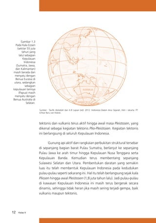 Gambar 1.3
Pada Kala Eosen
(sekitar 55 juta
tahun yang
lalu) sebagian
Kepulauan
Indonesia
(Sumatra, Jawa,
dan Kalimantan)
masih berada dan
menyatu dengan
Benua Eurasia di
utara, sedangkan
sebagian
kepulauan lainnya
(Papua) masih
menyatu dengan
Benua Australia di
Selatan.
Sumber : Taufik Abdullah dan A.B Lapian (ed). 2012. Indonesia Dalam Arus Sejarah, Jilid I. Jakarta: PT
Ichtiar Baru van Hoeve.

tektonis dan vulkanis terus aktif hingga awal masa Pleistosen, yang
dikenal sebagai kegiatan tektonis Plio-Pleistosen. Kegiatan tektonis
ini berlangsung di seluruh Kepulauan Indonesia.
Gunung api aktif dan rangkaian perbukitan struktural tersebar
di sepanjang bagian barat Pulau Sumatra, berlanjut ke sepanjang
Pulau Jawa ke arah timur hingga Kepulauan Nusa Tenggara serta
Kepulauan Banda. Kemudian terus membentang sepanjang
Sulawesi Selatan dan Utara. Pembentukan daratan yang semakin
luas itu telah membentuk Kepulauan Indonesia pada kedudukan
pulau-pulau seperti sekarang ini. Hal itu telah berlangsung sejak kala
Pliosen hingga awal Pleistosen (1,8 juta tahun lalu). Jadi pulau-pulau
di kawasan Kepulauan Indonesia ini masih terus bergerak secara
dinamis, sehingga tidak heran jika masih sering terjadi gempa, baik
vulkanis maupun tektonis.

12

Kelas X

 