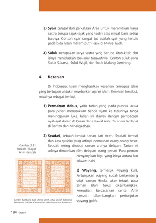3)	Syair berasal dari perkataan Arab untuk menamakan karya
sastra berupa sajak-sajak yang terdiri atas empat baris setiap
baitnya. Contoh syair sangat tua adalah syair yang tertulis
pada batu nisan makam putri Pasai di Minye Tujoh.
4)	Suluk merupakan karya sastra yang berupa kitab-kitab dan
isinya menjelaskan soal-soal tasawufnya. Contoh suluk yaitu
Suluk Sukarsa, Suluk Wujil, dan Suluk Malang Sumirang.

4. 	 Kesenian
	
Di Indonesia, Islam menghasilkan kesenian bernapas Islam
yang bertujuan untuk menyebarkan ajaran Islam. Kesenian tersebut,
misalnya sebagai berikut.
1)	Permainan debus, yaitu tarian yang pada puncak acara
para penari menusukkan benda tajam ke tubuhnya tanpa
meninggalkan luka. Tarian ini diawali dengan pembacaan
ayat-ayat dalam Al Quran dan salawat nabi. Tarian ini terdapat
di Banten dan Minangkabau.

Gambar 3.31
Naskah Hikayat
Amir Hamzah

2)	Seudati, sebuah bentuk tarian dari Aceh. Seudati berasal
dan kata syaidati yang artinya permainan orang-orang besar.
Seudati sering disebut saman artinya delapan. Tarian ini
aslinya dimainkan oleh delapan orang penari. Para pemain
menyanyikan lagu yang isinya antara lain
salawat nabi.

Sumber: Bambang Budi Utomo. 2011. Atlas Sejarah Indonesia
Masa Islam. Jakarta: Kementerian Kebudayaan dan Pariwisata.

194

Kelas X

3) Wayang, termasuk wayang kulit,
Pertunjukan wayang sudah berkembang
sejak zaman Hindu, akan tetapi, pada
zaman Islam terus dikembangkan.
Kemudian berdasarkan cerita Amir
Hamzah dikembangkan pertunjukan
wayang golek.

 
