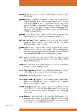 prasasti piagam yang tertulis pada batu, tembaga, dan
sebagainya
pleistosen kala pertama dari Zaman Kuarter, setelah Pliosen dan
sebelum Holosen. Kala Pleistosen mulai sekitar 1.8 juta tahun
yang lalu dan berakhir pada 11.800 tahun yang lalu, dan dibagi
menjadi 3 tingkatan, yaitu Kala Pleistosen Bawah (1.8 hingga
0.8 juta tahun yang lalu), Pleistosen Tengah (0.8 hingga 0.12
juta tahun lalu), dan Pleistosen Atas (antara 120.000 hingga
11.800 tahun yang lalu)
pliosen suatu masa pada Zaman Tertier, sesudah Miosen dan
sebelum Pleistosen, antara 5-1.8 juta tahun yang lalu
primus inter pares (latin: yang pertama di antara yang setara),
suatu tipe kepemimpinan yang mula-mula dan juga dapat
ditemukan dalam koloni hewan
protosejarah masa transisi dari Zaman prasejarah ke Zaman
sejarah dicirikan oleh mulai munculnya tulisan tentang suatu
masyarakat yang tinggal di wilayah tertentu, tetapi masyarakat
tersebut belum mengerti dan menggunakan tulisan
ramayana cerita epos dari India yang digubah oleh Walmiki yang
menceritakan petualangan Rama, titisan dari dewa Wisnu
dalam mitologi Hindu
saka tahun Jawa yang didasarkan dari cerita Aji Saka ke tanah Jawa,
dimulai 78 tahun sesudah masehi
sang Amurwwabhumi gelar yang diberikan kepada Ken Arok,
ketika ia berhasil menguasai seluruh kerajaan di Jawa
sanskerta bahasa kesusastraan Hindu kuno
seni cadas (rock art) karya yang diwujudkan di permukaan cadas
dalam bentuk lukisan (rock painting), pahatan (rock carving),
dan goresan (rock engraving)
serpih (flake) kepingan atau serpihan yang sengaja dihasilkan dari
bahan baku atau batu inti lewat pemangkasan. Disebut alat
serpih jika memiliki retus-retus pengerjaan atau perimping
bekas pakai
serut (scraper) alat serpih yang dicirikan oleh keberadaan retus
bersambung menutupi seluruh atau sebagian besar sisi alat.
Keletakan retus menciptakan berbagai tipe-tipe serut, seperti
serut ujung, serut samping, dan lain-lain
210

Kelas X

 