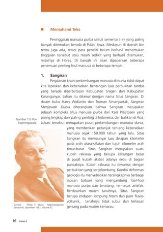 „„

Memahami Teks

Peninggalan manusia purba untuk sementara ini yang paling
banyak ditemukan berada di Pulau Jawa. Meskipun di daerah lain
tentu juga ada, tetapi para peneliti belum berhasil menemukan
tinggalan tersebut atau masih sedikit yang berhasil ditemukan,
misalnya di Flores. Di bawah ini akan dipaparkan beberapa
penemuan penting fosil manusia di beberapa tempat.

1. 	

Sangiran

Perjalanan kisah perkembangan manusia di dunia tidak dapat
kita lepaskan dari keberadaan bentangan luas perbukitan tandus
yang berada diperbatasan Kabupaten Sragen dan Kabupaten
Karanganyar. Lahan itu dikenal dengan nama Situs Sangiran. Di
dalam buku Harry Widianto dan Truman Simanjuntak, Sangiran
Menjawab Dunia diterangkan bahwa Sangiran merupakan
sebuah kompleks situs manusia purba dari Kala Pleistosen yang
paling lengkap dan  paling  penting di Indonesia, dan bahkan di Asia.
Gambar 1.6 Von
Koeningswald. Lokasi tersebut merupakan pusat perkembangan manusia dunia,
yang memberikan petunjuk tentang keberadaan
manusia sejak 150.000 tahun yang lalu. Situs
Sangiran itu mempunyai luas delapan kilometer
pada arah utara-selatan dan tujuh kilometer arah
timur-barat. Situs Sangiran merupakan suatu
kubah raksasa yang berupa cekungan besar
di pusat kubah akibat adanya erosi di bagian
puncaknya. Kubah raksasa itu diwarnai dengan
perbukitan yang bergelombang. Kondisi deformasi
geologis itu menyebabkan tersingkapnya berbagai
lapisan batuan yang mengandung fosil-fosil
manusia purba dan binatang, termasuk artefak.
Berdasarkan materi tanahnya, Situs Sangiran
berupa endapan lempung hitam dan pasir fluviovolkanik, tanahnya tidak subur dan terkesan
Sumber : Phillip V. Tobias, Paläontologische
gersang pada musim kemarau.
Zeitschrift, December 1983, Volume 57.

16

Kelas X

 
