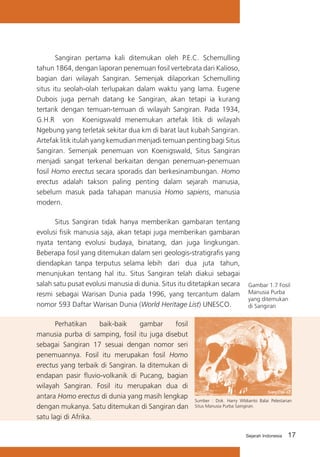 Sangiran pertama kali ditemukan oleh P.E.C. Schemulling
tahun 1864, dengan laporan penemuan fosil vertebrata dari Kalioso,
bagian dari wilayah Sangiran. Semenjak dilaporkan Schemulling
situs itu seolah-olah terlupakan dalam waktu yang lama. Eugene
Dubois juga pernah datang ke Sangiran, akan tetapi ia kurang
tertarik dengan temuan-temuan di wilayah Sangiran. Pada 1934,
G.H.R   von   Koenigswald menemukan artefak litik di wilayah
Ngebung yang terletak sekitar dua km di barat laut kubah Sangiran.
Artefak litik itulah yang kemudian menjadi temuan penting bagi Situs
Sangiran. Semenjak penemuan von Koenigswald, Situs Sangiran
menjadi sangat terkenal berkaitan dengan penemuan-penemuan
fosil Homo erectus secara sporadis dan berkesinambungan. Homo
erectus adalah takson paling penting dalam sejarah manusia,
sebelum masuk pada tahapan manusia Homo sapiens, manusia
modern.
Situs Sangiran tidak hanya memberikan gambaran tentang
evolusi fisik manusia saja, akan tetapi juga memberikan gambaran
nyata tentang evolusi budaya, binatang, dan juga lingkungan.
Beberapa fosil yang ditemukan dalam seri geologis-stratigrafis yang
diendapkan tanpa terputus selama lebih   dari   dua   juta   tahun,
menunjukan tentang hal itu. Situs Sangiran telah diakui sebagai
salah satu pusat evolusi manusia di dunia. Situs itu ditetapkan secara
resmi sebagai Warisan Dunia pada 1996, yang tercantum dalam
nomor 593 Daftar Warisan Dunia (World Heritage List) UNESCO.
Perhatikan
baik-baik
gambar
fosil
manusia purba di samping, fosil itu juga disebut
sebagai Sangiran 17 sesuai dengan nomor seri
penemuannya. Fosil itu merupakan fosil Homo
erectus yang terbaik di Sangiran. Ia ditemukan di
endapan pasir fluvio-volkanik di Pucang, bagian
wilayah Sangiran. Fosil itu merupakan dua di
antara Homo erectus di dunia yang masih lengkap
dengan mukanya. Satu ditemukan di Sangiran dan
satu lagi di Afrika.

Gambar 1.7 Fosil
Manusia Purba
yang ditemukan
di Sangiran

Sumber : Dok. Harry WIdianto Balai Pelestarian
Situs Manusia Purba Saingiran.

Sejarah Indonesia

17

 
