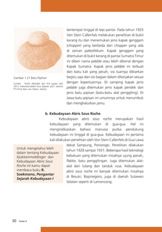 Gambar 1.21 Batu Pipihan
Sumber : Taufik Abdullah dan A.B Lapian (ed).
2012. Indonesia Dalam Arus Sejarah. jilid I. Jakarta:
PT Ichtiar Baru van Hoeve. Jakarta

bertempat tinggal di tepi pantai. Pada tahun 1925
Von Stein Callenfals melakukan penelitian di bukit
kerang itu dan menemukan jenis kapak genggam
(chopper) yang berbeda dari chopper yang ada
di zaman paleolitikum. Kapak genggam yang
ditemukan di bukit kerang di pantai Sumatra Timur
ini diberi nama pebble atau lebih dikenal dengan
Kapak Sumatra. Kapak jenis pebble ini terbuat
dari batu kali yang pecah, sisi luarnya dibiarkan
begitu saja dan sisi bagian dalam dikerjakan sesuai
dengan keperluannya. Di samping kapak jenis
pebble juga ditemukan jenis kapak pendek dan
jenis batu pipisan (batu-batu alat penggiling). Di
Jawa batu pipisan ini umumnya untuk menumbuk
dan menghaluskan jamu.

b. Kebudayaan Abris Sous Roche	
		
Kebudayaan abris sous roche merupakan hasil
kebudayaan yang ditemukan di gua-gua. Hal ini
mengindikasikan bahwa manusia purba pendukung
kebudayaan ini tinggal di gua-gua. Kebudayaan ini pertama
kali dilakukan penelitian oleh Von Stein Callenfels di Gua Lawa
dekat Sampung, Ponorogo. Penelitian dilakukan
Untuk mengetahui lebih
tahun 1928 sampai 1931. Beberapa hasil teknologi
dalam tentang Kebudayaan
bebatuan yang ditemukan misalnya ujung panah,
Kjokkenmoddinger dan
flakke, batu penggilingan. Juga ditemukan alatKebudayaan Abris Sous
Roche ini kamu dapat
alat dari tulang dan tanduk rusa. Kebudayaan
membaca buku R.
abris sous roche ini banyak ditemukan misalnya
Soekmono, Pengantar
di Besuki, Bojonegoro, juga di daerah Sulawesi
Sejarah Kebudayaan I
Selatan seperti di Lamoncong.
	
	

30

Kelas X

 