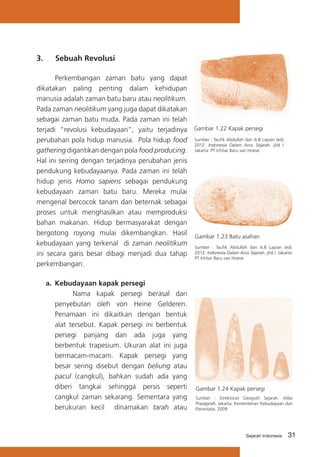 3.	

Sebuah Revolusi

Perkembangan zaman batu yang dapat
dikatakan paling penting dalam kehidupan
manusia adalah zaman batu baru atau neolitikum.
Pada zaman neolitikum yang juga dapat dikatakan
sebagai zaman batu muda. Pada zaman ini telah
terjadi “revolusi kebudayaan”, yaitu terjadinya Gambar 1.22 Kapak persegi
perubahan pola hidup manusia. Pola hidup food Sumber : Taufik Abdullah dan A.B Lapian (ed).
2012. Indonesia Dalam Arus Sejarah. jilid I.
gathering digantikan dengan pola food producing. Jakarta: PT Ichtiar Baru van Hoeve
Hal ini seiring dengan terjadinya perubahan jenis
pendukung kebudayaanya. Pada zaman ini telah
hidup jenis Homo sapiens sebagai pendukung
kebudayaan zaman batu baru. Mereka mulai
mengenal bercocok tanam dan beternak sebagai
proses untuk menghasilkan atau memproduksi
bahan makanan. Hidup bermasyarakat dengan
bergotong royong mulai dikembangkan. Hasil Gambar 1.23 Batu asahan
kebudayaan yang terkenal di zaman neolitikum Sumber : Taufik Abdullah dan A.B Lapian (ed).
ini secara garis besar dibagi menjadi dua tahap 2012. Indonesia Dalam Arus Sejarah. jilid I. Jakarta:
PT Ichtiar Baru van Hoeve
perkembangan.
a.	 Kebudayaan kapak persegi
			
Nama kapak persegi berasal dari
penyebutan oleh von Heine Gelderen.
Penamaan ini dikaitkan dengan bentuk
alat tersebut. Kapak persegi ini berbentuk
persegi panjang dan ada juga yang
berbentuk trapesium. Ukuran alat ini juga
bermacam-macam. Kapak persegi yang
besar sering disebut dengan beliung atau
pacul (cangkul), bahkan sudah ada yang
diberi tangkai sehingga persis seperti
cangkul zaman sekarang. Sementara yang
berukuran kecil dinamakan tarah atau

Gambar 1.24 Kapak persegi
Sumber : Direktorat Geografi Sejarah. Atlas
Prasejarah. Jakarta: Kementerian Kebudayaan dan
Pariwisata. 2009

Sejarah Indonesia

31

 