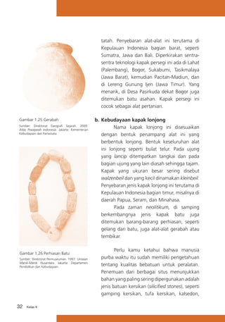 tatah. Penyebaran alat-alat ini terutama di
Kepulauan Indonesia bagian barat, seperti
Sumatra, Jawa dan Bali. Diperkirakan sentrasentra teknologi kapak persegi ini ada di Lahat
(Palembang), Bogor, Sukabumi, Tasikmalaya
(Jawa Barat), kemudian Pacitan-Madiun, dan
di Lereng Gunung Ijen (Jawa Timur). Yang
menarik, di Desa Pasirkuda dekat Bogor juga
ditemukan batu asahan. Kapak persegi ini
cocok sebagai alat pertanian.
Gambar 1.25 Gerabah
Sumber: Direktorat Geografi Sejarah. 2009.
Atlas Prasejarah Indonesia. Jakarta: Kementerian
Kebudayaan dan Pariwisata.

Gambar 1.26 Perhiasan Batu
Sumber: Direktorat Permuseuman. 1997. Untaian
Manik-Manik Nusantara. Jakarta: Departemen
Pendidikan dan Kebudayaan.

32

Kelas X

b.	 Kebudayaan kapak lonjong	
		
Nama kapak lonjong ini disesuaikan
dengan bentuk penampang alat ini yang
berbentuk lonjong. Bentuk keseluruhan alat
ini lonjong seperti bulat telur. Pada ujung
yang lancip ditempatkan tangkai dan pada
bagian ujung yang lain diasah sehingga tajam.
Kapak yang ukuran besar sering disebut
walzenbeil dan yang kecil dinamakan kleinbeil.
Penyebaran jenis kapak lonjong ini terutama di
Kepulauan Indonesia bagian timur, misalnya di
daerah Papua, Seram, dan Minahasa.
Pada zaman neolitikum, di samping
berkembangnya jenis kapak batu juga
ditemukan barang-barang perhiasan, seperti
gelang dari batu, juga alat-alat gerabah atau
tembikar.
Perlu kamu ketahui bahwa manusia
purba waktu itu sudah memiliki pengetahuan
tentang kualitas bebatuan untuk peralatan.
Penemuan dari berbagai situs menunjukkan
bahan yang paling sering dipergunakan adalah
jenis batuan kersikan (silicified stones), seperti
gamping kersikan, tufa kersikan, kalsedon,

 