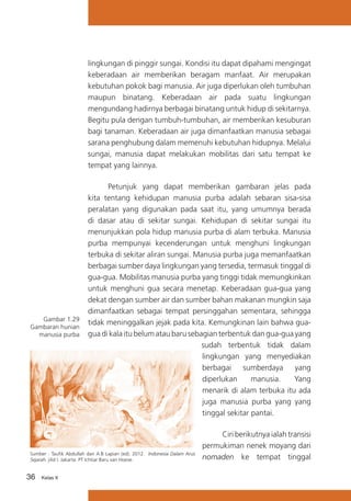 lingkungan di pinggir sungai. Kondisi itu dapat dipahami mengingat
keberadaan air memberikan beragam manfaat. Air merupakan
kebutuhan pokok bagi manusia. Air juga diperlukan oleh tumbuhan
maupun binatang. Keberadaan air pada suatu lingkungan
mengundang hadirnya berbagai binatang untuk hidup di sekitarnya.
Begitu pula dengan tumbuh-tumbuhan, air memberikan kesuburan
bagi tanaman. Keberadaan air juga dimanfaatkan manusia sebagai
sarana penghubung dalam memenuhi kebutuhan hidupnya. Melalui
sungai, manusia dapat melakukan mobilitas dari satu tempat ke
tempat yang lainnya.

Gambar 1.29
Gambaran hunian
manusia purba

Petunjuk yang dapat memberikan gambaran jelas pada
kita tentang kehidupan manusia purba adalah sebaran sisa-sisa
peralatan yang digunakan pada saat itu, yang umumnya berada
di dasar atau di sekitar sungai. Kehidupan di sekitar sungai itu
menunjukkan pola hidup manusia purba di alam terbuka. Manusia
purba mempunyai kecenderungan untuk menghuni lingkungan
terbuka di sekitar aliran sungai. Manusia purba juga memanfaatkan
berbagai sumber daya lingkungan yang tersedia, termasuk tinggal di
gua-gua. Mobilitas manusia purba yang tinggi tidak memungkinkan
untuk menghuni gua secara menetap. Keberadaan gua-gua yang
dekat dengan sumber air dan sumber bahan makanan mungkin saja
dimanfaatkan sebagai tempat persinggahan sementara, sehingga
tidak meninggalkan jejak pada kita. Kemungkinan lain bahwa guagua di kala itu belum atau baru sebagian terbentuk dan gua-gua yang
sudah terbentuk tidak dalam
lingkungan yang menyediakan
berbagai
sumberdaya
yang
diperlukan
manusia.
Yang
menarik di alam terbuka itu ada
juga manusia purba yang yang
tinggal sekitar pantai.

Sumber : Taufik Abdullah dan A.B Lapian (ed). 2012. Indonesia Dalam Arus
Sejarah. jilid I. Jakarta: PT Ichtiar Baru van Hoeve.

36

Kelas X

Ciri berikutnya ialah transisi
permukiman nenek moyang dari
nomaden ke tempat tinggal

 