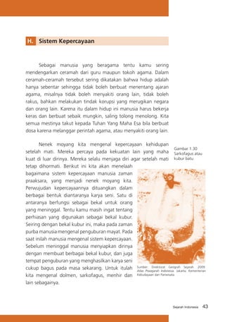 H.	 Sistem Kepercayaan

	
Sebagai manusia yang beragama tentu kamu sering
mendengarkan ceramah dari guru maupun tokoh agama. Dalam
ceramah-ceramah tersebut sering dikatakan bahwa hidup adalah
hanya sebentar sehingga tidak boleh berbuat menentang ajaran
agama, misalnya tidak boleh menyakiti orang lain, tidak boleh
rakus, bahkan melakukan tindak korupsi yang merugikan negara
dan orang lain. Karena itu dalam hidup ini manusia harus bekerja
keras dan berbuat sebaik mungkin, saling tolong menolong. Kita
semua mestinya takut kepada Tuhan Yang Maha Esa bila berbuat
dosa karena melanggar perintah agama, atau menyakiti orang lain.
	
Nenek moyang kita mengenal kepercayaan kehidupan
Gambar 1.30
setelah mati. Mereka percaya pada kekuatan lain yang maha Sarkofagus atau
kuat di luar dirinya. Mereka selalu menjaga diri agar setelah mati kubur batu
tetap dihormati. Berikut ini kita akan menelaah
bagaimana sistem kepercayaan manusia zaman
praaksara, yang menjadi nenek moyang kita.
Perwujudan kepercayaannya dituangkan dalam
berbagai bentuk diantaranya karya seni. Satu di
antaranya berfungsi sebagai bekal untuk orang
yang meninggal. Tentu kamu masih ingat tentang
perhiasan yang digunakan sebagai bekal kubur.
Seiring dengan bekal kubur ini, maka pada zaman
purba manusia mengenal penguburan mayat. Pada
saat inilah manusia mengenal sistem kepercayaan.
Sebelum meninggal manusia menyiapkan dirinya
dengan membuat berbagai bekal kubur, dan juga
tempat penguburan yang menghasilkan karya seni
cukup bagus pada masa sekarang. Untuk itulah Sumber: Direktorat Geografi Sejarah. 2009.
Atlas Prasejarah Indonesia. Jakarta: Kementerian
kita mengenal dolmen, sarkofagus, menhir dan Kebudayaan dan Pariwisata.
lain sebagainya.

Sejarah Indonesia

43

 