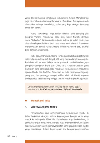 yang dikenal karena kehebatan ramalannya. Selain Mahabharata
juga dikenal cerita tentang Ramayana. Dari kisah Ramayana itulah
disebutkan adanya Jawadwipa, pulau yang kaya dengan tambang
emas dan perak.
	
Nama Jawadwipa juga sudah dikenal oleh seorang ahli
geografi Yunani, Ptolomeus, pada awal tarikh Masehi dengan
nama “Labadiu”. Jadi nama Kepulauan Indonesia sudah ditulis dan
dikenal oleh penulis Barat jauh pada masa awal Masehi. Ptolomeus
menyebutkan bahwa Pulau Labadiu artinya Pulau Padi atau dikenal
pula dengan Jawadwipa.
	
Nah, bagaimanakah Agama Hindu dan Buddha dapat masuk
di Kepulauan Indonesia? Banyak ahli yang berpendapat tentang itu.
Pada bab ini kita akan belajar tentang masuk dan berkembangnya
pengaruh-pengaruh India dan Cina, serta capaian-capaian yang
dilakukan para penguasa pada masa saat itu dan proses masuknya
agama Hindu dan Buddha. Pada saat ini pula peranan pedagang,
penguasa, dan pujangga sangat terlihat dari bukti-bukti capaian
budaya pada saat itu yang hingga saat ini masih dapat kita jumpai.

Untuk memperdalam kajian tentang hal ini kamu dapat
membaca buku Vlekke, Nusantara: Sejarah Indonesia.

„„

Memahami Teks

1.	

Lahirnya Agama Hindu

	
Pertumbuhan dan perkembangan kebudayaan Hindu di
India berkaitan dengan sistem kepercayaan bangsa Arya yang
masuk ke India pada 1500 S.M. Kebudayaan Arya berkembang di
Lembah Sungai Indus India. Bangsa Arya mengembangkan sistem
kepercayaan dan sistem kemasyarakatan yang sesuai dengan tradisi
yang dimilikinya. Sistem kepercayaan itu berupa penyembahan
58

Kelas X

 