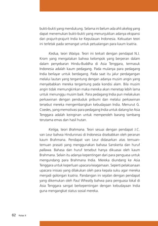 bukti-bukti yang mendukung. Selama ini belum ada ahli akelog yang
dapat menemukan bukti-bukti yang menunjukkan adanya ekspansi
dari prajurit-prajurit India ke Kepulauan Indonesia. Kekuatan teori
ini terletak pada semangat untuk petualangan para kaum ksatria.
	
Kedua, teori Waisya. Teori ini terkait dengan pendapat N.J.
Krom yang mengatakan bahwa kelompok yang berperan dalam
dalam penyebaran Hindu-Buddha di Asia Tenggara, termasuk
Indonesia adalah kaum pedagang. Pada mulanya para pedagang
India berlayar untuk berdagang. Pada saat itu jalur perdagangan
melalui lautan yang tergantung dengan adanya musim angin yang
menyebabkan mereka tergantung pada kondisi alam. Bila musim
angin tidak memungkinkan maka mereka akan menetap lebih lama
untuk menunggu musim baik. Para pedagang India pun melakukan
perkawinan dengan penduduk pribumi dan melalui perkawinan
tersebut mereka mengembangkan kebudayaan India. Menurut G.
Coedes, yang memotivasi para pedagang India untuk datang ke Asia
Tenggara adalah keinginan untuk memperoleh barang tambang
terutama emas dan hasil hutan.
	
Ketiga, teori Brahmana. Teori sesuai dengan pendapat J.C.
van Leur bahwa Hinduninasi di Indonesia disebabkan oleh peranan
kaum Brahmana. Pendapat van Leur didasarkan atas temuantemuan prasati yang menggunakan bahasa Sanskerta dan huruf
pallawa. Bahasa dan huruf tersebut hanya dikuasai oleh kaum
Brahmana. Selain itu adanya kepentingan dari para penguasa untuk
mengundang para Brahmana India. Mereka diundang ke Asia
Tenggara untuk keperluan upacara keagamaan. Seperti pelaksanaan
upacara inisiasi yang dilakukan oleh para kepala suku agar mereka
menjadi golongan ksatria. Pandangan ini sejalan dengan pendapat
yang dikemukan oleh Paul Wheatly bahwa para penguasa lokal di
Asia Tenggara sangat berkepentingan dengan kebudayaan India
guna mengangkat status sosial mereka.

62

Kelas X

 