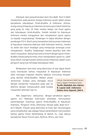 Keempat, teori yang dinamakan teori Arus Balik. Teori ini lebih
menekankan pada peranan bangsa Indonesia sendiri dalam proses
penyebaran kebudayaan Hindu-Buddha di Indonesia. Artinya,
orang-orang di Kepulauan Indonesia terutama para tokoh-tokohnya
yang pergi ke india. Di India mereka belajar hal ihwal agama
dan kebudayaan Hindu-Buddha. Setelah kembali ke Kepulauan
Indonesia mereka mengajarkan dan menyebarkan ajaran agama
itu kepada masyarakatnya. Pandangan ini dapat dikaitkan dengan
pandangan F.D.K. Bosch yang menyatakan bahwa proses Indianisasi
di Kepulauan Indonesia dilakukan oleh kelompok tertentu, mereka
itu terdiri dari kaum terpelajar yang mempunyai semangat untuk
menyebarkan Buddha. Kedatangan mereka disambut baik oleh
tokoh masyarakat. Selanjutnya karena tertarik dengan ajaran HinduBuddha mereka pergi ke India untuk memperdalam ajaran itu. Lebih
lanjut Bosch mengemukakan bahwa proses Indianisasi adalah suatu
pengaruh yang kuat terhadap kebudayaan lokal.
	
Berdasarkan teori-teori yang dikemukan di atas dapat ditarik
suatu kesimpulan bahwa masyarakat di Kepulauan Indonesia
telah mencapai tingkatan tertentu sebelum munculnya kerajaan
yang bersifat Hindu-Buddha. Melalui proses
Untuk memahami lebih lanjut
akulturisasi, budaya yang dianggap sesuai
kamu dapat membaca buku
dengan karateristik masyarakat pada saat itu
Taufik Abdullah dan Adrian
diterima dengan menyesuaikan pada budaya
B. Lapian (ed) Indonesia
masyarakat setempat saat itu.
Dalam Arus Sejarah, jilid II.
	
Nah, bagaimana selanjutnya dengan persebaran agamaagama itu? Beberapa bukti-bukti arkeologis menunjukkan
perkembangan masuknya agama Hindu-Buddha di Kepulauan
Indonesia. Pengaruh Hindu ditemukan berasal pada abad ke-4 ke-5 Masehi. Prasasti yang ditemukan di Kutai dan Tarumanagara
yang menyebutkan sapi sebagai hewan persembahan menunjukkan
bahwa agama Hindu berkembang di daerah itu. Juga adanya
penyebutan Dewa Trimurti yaitu, Brahma, Wisnu, dan Siwa

Sejarah Indonesia

63

 