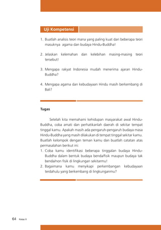 Uji Kompetensi
1.	 Buatlah analisis teori mana yang paling kuat dari beberapa teori
masuknya agama dan budaya Hindu-Buddha!
2.	 Jelaskan kelemahan
tersebut!

dan

kelebihan

masing-masing

teori

3.	 Mengapa rakyat Indonesia mudah menerima ajaran HinduBuddha?
4.	 Mengapa agama dan kebudayaan Hindu masih berkembang di
Bali?

Tugas
	
Setelah kita memahami kehidupan masyarakat awal HinduBuddha, coba amati dan perhatikanlah daerah di sekitar tempat
tinggal kamu. Apakah masih ada pengaruh-pengaruh budaya masa
Hindu-Buddha yang masih dilakukan di tempat tinggal sekitar kamu.
Buatlah kelompok dengan teman kamu dan buatlah catatan atas
permasalahan berikut ini:
1.	 Coba kamu identifikasi beberapa tinggalan budaya HinduBuddha dalam bentuk budaya benda/fisik maupun budaya tak
benda/non fisik di lingkungan sekitarmu!
2.	 Bagaimana kamu menyikapi perkembangan kebudayaan
terdahulu yang berkembang di lingkunganmu?

64

Kelas X

 