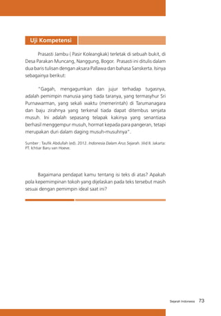 Uji Kompetensi
	
Prasasti Jambu ( Pasir Koleangkak) terletak di sebuah bukit, di
Desa Parakan Muncang, Nanggung, Bogor. Prasasti ini ditulis dalam
dua baris tulisan dengan aksara Pallawa dan bahasa Sanskerta. Isinya
sebagainya berikut:
	
“Gagah, mengagumkan dan jujur terhadap tugasnya,
adalah pemimpin manusia yang tiada taranya, yang termasyhur Sri
Purnawarman, yang sekali waktu (memerintah) di Tarumanagara
dan baju zirahnya yang terkenal tiada dapat ditembus senjata
musuh. Ini adalah sepasang telapak kakinya yang senantiasa
berhasil menggempur musuh, hormat kepada para pangeran, tetapi
merupakan duri dalam daging musuh-musuhnya”.
Sumber : Taufik Abdullah (ed). 2012. Indonesia Dalam Arus Sejarah. Jilid II. Jakarta:
PT. Ichtiar Baru van Hoeve.

	
Bagaimana pendapat kamu tentang isi teks di atas? Apakah
pola kepemimpinan tokoh yang dijelaskan pada teks tersebut masih
sesuai dengan pemimpin ideal saat ini?

Sejarah Indonesia

73

 