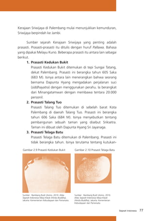 Kerajaan Sriwijaya di Palembang mulai menunjukkan kemunduran,
Sriwijaya berpindah ke Jambi.
	
Sumber sejarah Kerajaan Sriwijaya yang penting adalah
prasasti. Prasasti-prasasti itu ditulis dengan huruf Pallawa. Bahasa
yang dipakai Melayu Kuno. Beberapa prasasti itu antara lain sebagai
berikut.
1.	 Prasasti Kedukan Bukit
	 Prasasti Kedukan Bukit ditemukan di tepi Sungai Tatang,
dekat Palembang. Prasasti ini berangka tahun 605 Saka
(683 M). Isinya antara lain menerangkan bahwa seorang
bernama Dapunta Hyang mengadakan perjalanan suci
(siddhayatra) dengan menggunakan perahu. Ia berangkat
dari Minangatamwan dengan membawa tentara 20.000
personil.
2.	 Prasasti Talang Tuo
	 Prasasti Talang Tuo ditemukan di sebelah barat Kota
Palembang di daerah Talang Tuo. Prasasti ini berangka
tahun 606 Saka (684 M). Isinya menyebutkan tentang
pembangunan sebuah taman yang disebut Sriksetra.
Taman ini dibuat oleh Dapunta Hyang Sri Jayanaga.
3.	 Prasasti Telaga Batu
	 Prasasti Telaga Batu ditemukan di Palembang. Prasasti ini
tidak berangka tahun. Isinya terutama tentang kutukanGambar 2.9 Prasasti Kedukan Bukit

Gambar 2.10 Prasasti Telaga Batu

Sumber : Bambang Budi Utomo. 2010. Atlas
Sejarah Indonesia Masa Klasik (Hindu-Buddha),
Jakarta: Kementerian Kebudayaan dan Pariwisata.

Sumber : Bambang Budi Utomo. 2010.
Atlas Sejarah Indonesia Masa Klasik
(Hindu-Buddha), Jakarta: Kementerian
Kebudayaan dan Pariwisata.
Sejarah Indonesia

77

 