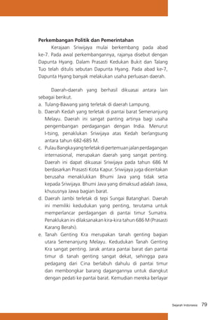 Perkembangan Politik dan Pemerintahan
	
Kerajaan Sriwijaya mulai berkembang pada abad
ke-7. Pada awal perkembangannya, rajanya disebut dengan
Dapunta Hyang. Dalam Prasasti Kedukan Bukit dan Talang
Tuo telah ditulis sebutan Dapunta Hyang. Pada abad ke-7,
Dapunta Hyang banyak melakukan usaha perluasan daerah.
	
Daerah-daerah yang berhasil dikuasai antara lain
sebagai berikut.
a.	 Tulang-Bawang yang terletak di daerah Lampung.
b.	 Daerah Kedah yang terletak di pantai barat Semenanjung
Melayu. Daerah ini sangat panting artinya bagi usaha
pengembangan perdagangan dengan India. Menurut
I-tsing, penaklukan Sriwijaya atas Kedah berlangsung
antara tahun 682-685 M.
c.	 Pulau Bangka yang terletak di pertemuan jalan perdagangan
internasional, merupakan daerah yang sangat penting.
Daerah ini dapat dikuasai Sriwijaya pada tahun 686 M
berdasarkan Prasasti Kota Kapur. Sriwijaya juga diceritakan
berusaha menaklukkan Bhumi Java yang tidak setia
kepada Sriwijaya. Bhumi Java yang dimaksud adalah Jawa,
khususnya Jawa bagian barat.
d.	 Daerah Jambi terletak di tepi Sungai Batanghari. Daerah
ini memiliki kedudukan yang penting, terutama untuk
memperlancar perdagangan di pantai timur Sumatra.
Penaklukan ini dilaksanakan kira-kira tahun 686 M (Prasasti
Karang Berahi).
e.	 Tanah Genting Kra merupakan tanah genting bagian
utara Semenanjung Melayu. Kedudukan Tanah Genting
Kra sangat penting. Jarak antara pantai barat dan pantai
timur di tanah genting sangat dekat, sehingga para
pedagang dari Cina berlabuh dahulu di pantai timur
dan membongkar barang dagangannya untuk diangkut
dengan pedati ke pantai barat. Kemudian mereka berlayar

Sejarah Indonesia

79

 