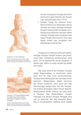 ke India. Penguasaan Sriwijaya atas Tanah
Genting Kra dapat diketahui dari Prasasti
Ligor yang berangka tahun 775 M.
f.	 Kerajaan Kaling dan Mataram Kuno.
Menurut berita Cina, diterangkan adanya
serangan dari barat, sehingga mendesak
Kerajaan Kaling pindah ke sebelah timur.
Diduga yang melakukan serangan adalah
Sriwijaya. Sriwijaya ingin menguasai Jawa
bagian tengah karena pantai utara Jawa
bagian tengah juga merupakan jalur
perdagangan yang penting.

Gambar 2.12 Arca Maitreya
Sumber : Bambang Budi Utomo. 2010. Atlas
Sejarah Indonesia Masa Klasik (Hindu-Buddha),
Jakarta: Kementerian Kebudayaan dan Pariwisata.

Gambar 2.13 Stupa Mahligai dalam
kompleks Stupa Muara Takus
merupakan tinggalan Kerajaan
Sriwijaya
Sumber : Bambang Budi Utomo. 2010. Atlas
Sejarah Indonesia Masa Klasik (Hindu-Buddha),
Jakarta: Kementerian Kebudayaan dan Pariwisata.

80

Kelas X

	
Sriwijaya terus melakukan perluasan daerah,
sehingga Sriwijaya menjadi kerajaan yang besar.
Untuk lebih memperkuat pertahanannya, pada
tahun 775 M dibangunlah sebuah pangkalan di
daerah Ligor. Waktu itu yang menjadi raja adalah
Darmasetra.
	
Raja yang terkenal dari Kerajaan Sriwijaya
adalah Balaputradewa. Ia memerintah sekitar
abad ke-9 M. Pada masa pemerintahannya,
Sriwijaya berkembang pesat dan mencapai zaman
keemasan. Balaputradewa adalah keturunan
dari Dinasti Syailendra, yakni putra dari Raja
Samarotungga dengan Dewi Tara dari Sriwijaya.
Hal tersebut diterangkan dalam Prasasti Nalanda.
Balaputradewa adalah seorang raja yang besar
di Sriwijaya. Raja Balaputradewa menjalin
hubungan erat dengan Kerajaan Benggala yang
saat itu diperintah oleh Raja Dewapala Dewa.
Raja ini menghadiahkan sebidang tanah kepada

 