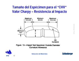 IPM 
Schlumberger Private 
Tamaño del Espécimen para el “CHV” 
Valor Charpy – Resistencia al Impacto 
12 
Selección de Materiales 
 