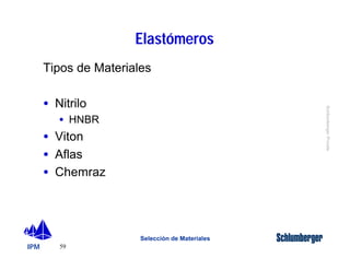 IPM 
Schlumberger Private 
Tipos de Materiales 
59 
Elastómeros 
Selección de Materiales 
· Nitrilo 
· HNBR 
· Viton 
· Aflas 
· Chemraz 
 