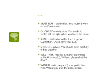 … 
 MUST NOT – prohibition. You mustn't work 
on dad's computer. 
 OUGHT TO – obligation. You ought to 
switch off the light when you leave the room. 
 SHALL - instead of will in the 1st person. 
Suggestion. Shall I carry your bag? 
 SHOULD – advice. You should drive carefully 
in bad weather. 
 WILL - wish, request, demand, order (less 
polite than would). Will you please shut the 
door? 
 WOULD - wish, request (more polite than 
will). Would you shut the door, please? 
 