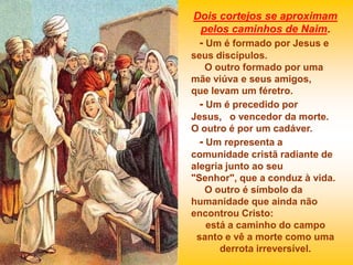 Dois cortejos se aproximam
 pelos caminhos de Naim.
 - Um é formado por Jesus e
seus discípulos.
    O outro formado por uma
mãe viúva e seus amigos,
que levam um féretro.
  - Um é precedido por
Jesus, o vencedor da morte.
O outro é por um cadáver.
  - Um representa a
comunidade cristã radiante de
alegria junto ao seu
"Senhor", que a conduz à vida.
    O outro é símbolo da
humanidade que ainda não
encontrou Cristo:
    está a caminho do campo
 santo e vê a morte como uma
       derrota irreversível.
 