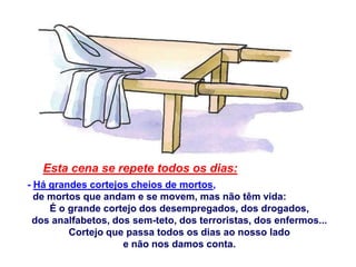 Esta cena se repete todos os dias:
- Há grandes cortejos cheios de mortos,
  de mortos que andam e se movem, mas não têm vida:
     É o grande cortejo dos desempregados, dos drogados,
 dos analfabetos, dos sem-teto, dos terroristas, dos enfermos...
         Cortejo que passa todos os dias ao nosso lado
                    e não nos damos conta.
 