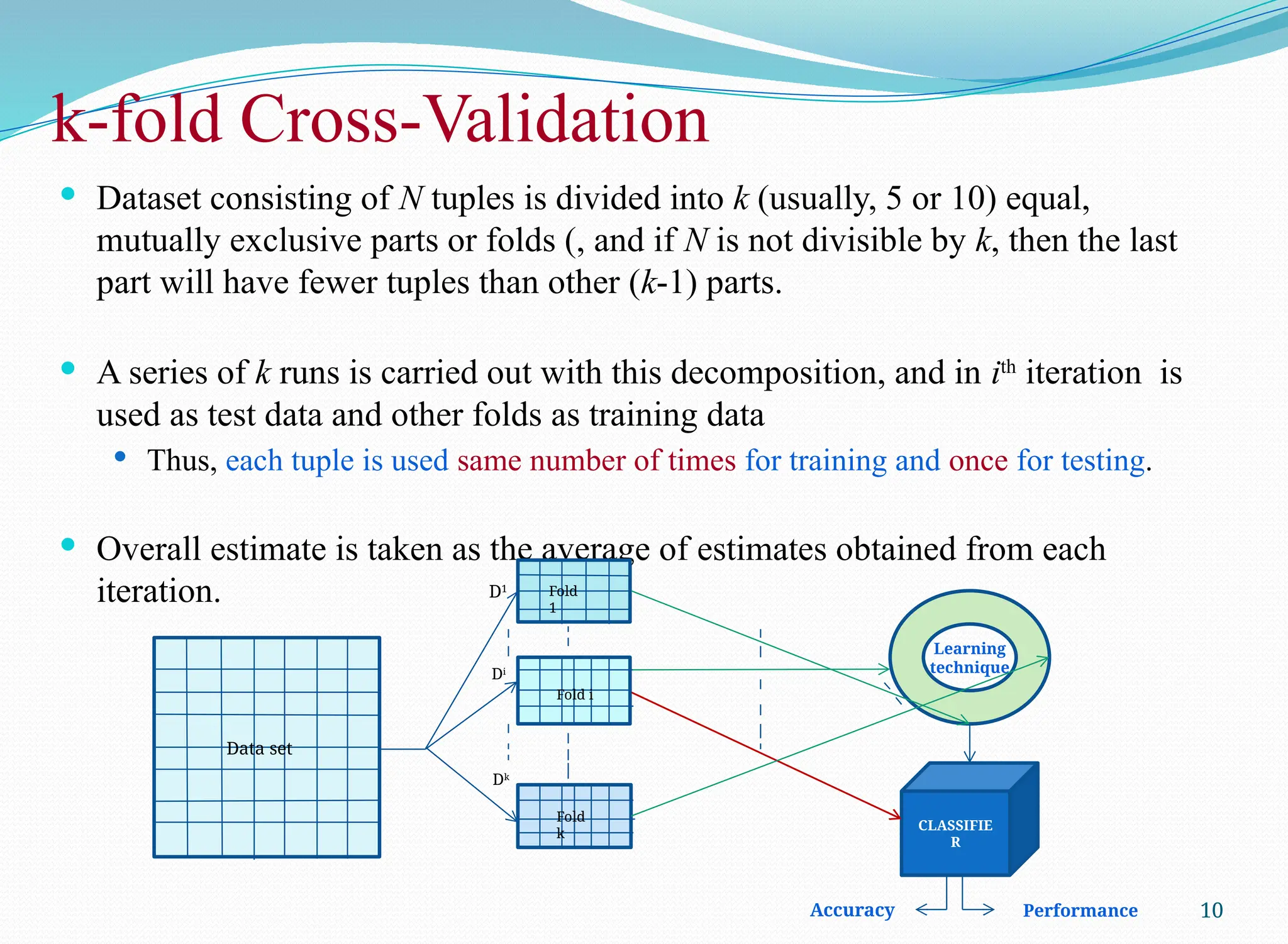 k-fold Cross-Validation
 Dataset consisting of N tuples is divided into k (usually, 5 or 10) equal,
mutually exclusive parts or folds (, and if N is not divisible by k, then the last
part will have fewer tuples than other (k-1) parts.
 A series of k runs is carried out with this decomposition, and in ith
iteration is
used as test data and other folds as training data
 Thus, each tuple is used same number of times for training and once for testing.
 Overall estimate is taken as the average of estimates obtained from each
iteration.
10
Learning
technique
CLASSIFIE
R
D1
Di
Dk
Data set
Fold
1
Fold i
Fold
k
Accuracy Performance
 