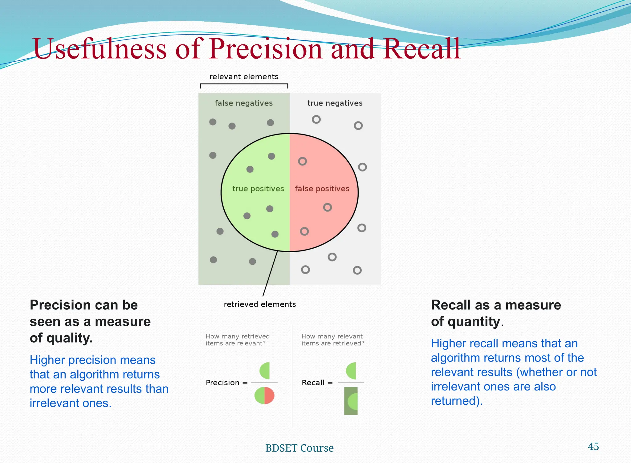 45
Usefulness of Precision and Recall
BDSET Course
Precision can be
seen as a measure
of quality.
Recall as a measure
of quantity.
Higher precision means
that an algorithm returns
more relevant results than
irrelevant ones.
Higher recall means that an
algorithm returns most of the
relevant results (whether or not
irrelevant ones are also
returned).
 