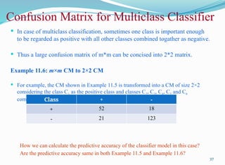  In case of multiclass classification, sometimes one class is important enough
to be regarded as positive with all other classes combined togather as negative.
 Thus a large confusion matrix of m*m can be concised into 2*2 matrix.
Example 11.6: m×m CM to 2×2 CM
 For example, the CM shown in Example 11.5 is transformed into a CM of size 2×2
considering the class C1 as the positive class and classes C2, C3, C4, C5 and C6
combined together as negative.
How we can calculate the predictive accuracy of the classifier model in this case?
Are the predictive accuracy same in both Example 11.5 and Example 11.6?
37
Class + -
+ 52 18
- 21 123
Confusion Matrix for Multiclass Classifier
 